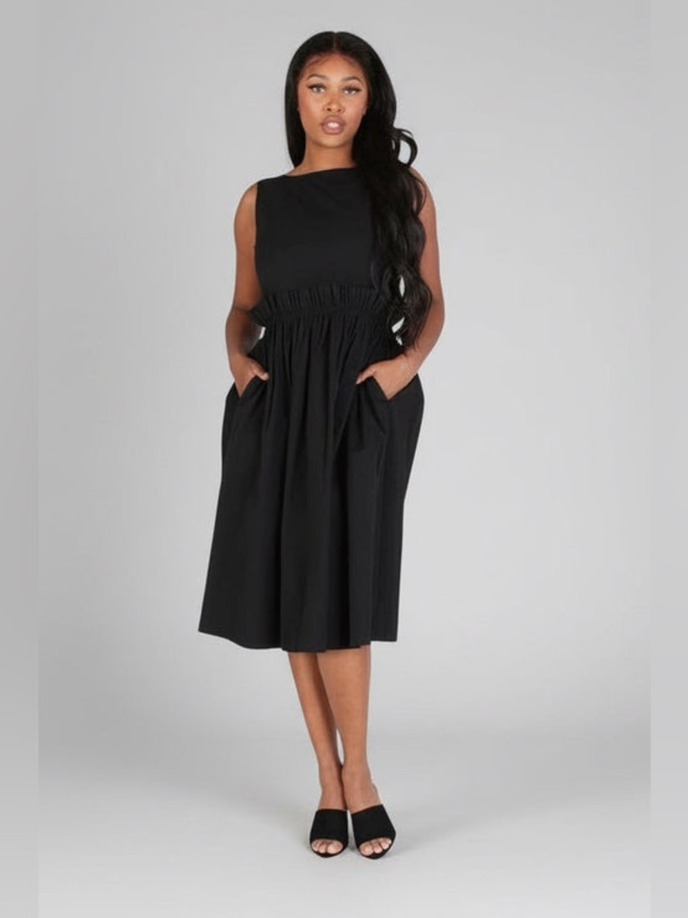 BACK BUTTON UP POCKETS FIT & FLARE SLEEVELESS MIDI DRESS - Picture 3 of 7